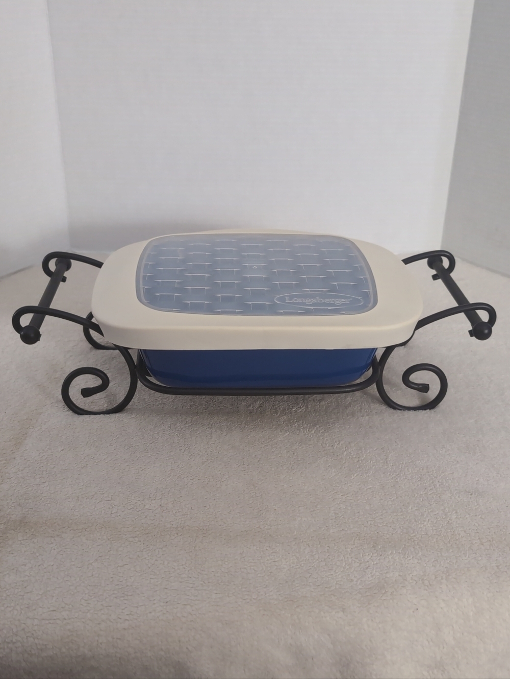 Longaberger Cornflower Blue 8”x8” Casserole Set With Wrought Iron Stand
